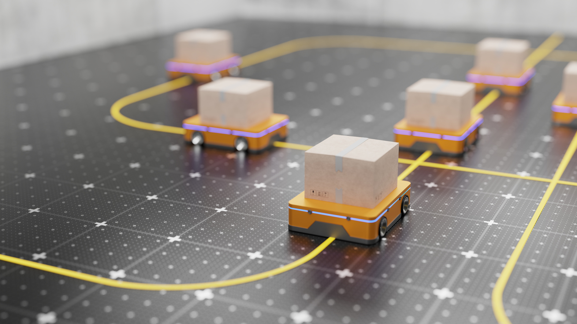AGV robots delivering cardboard boxes to a logistics distribution center. Robots move along the yellow line. Automated AGV robots for retail warehouse. Automated vehicles Goods, products, packaging. 3d render.